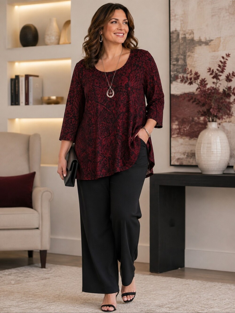 Biyaycda Plus Size 3X Burgundy Black Lace Tunic Blouse Scoop Neck Made In USA